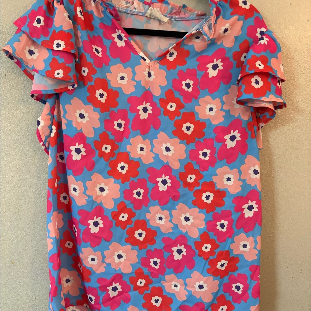 Vibrant Floral Ruffle Sleeve Blouse - Blue and Pink